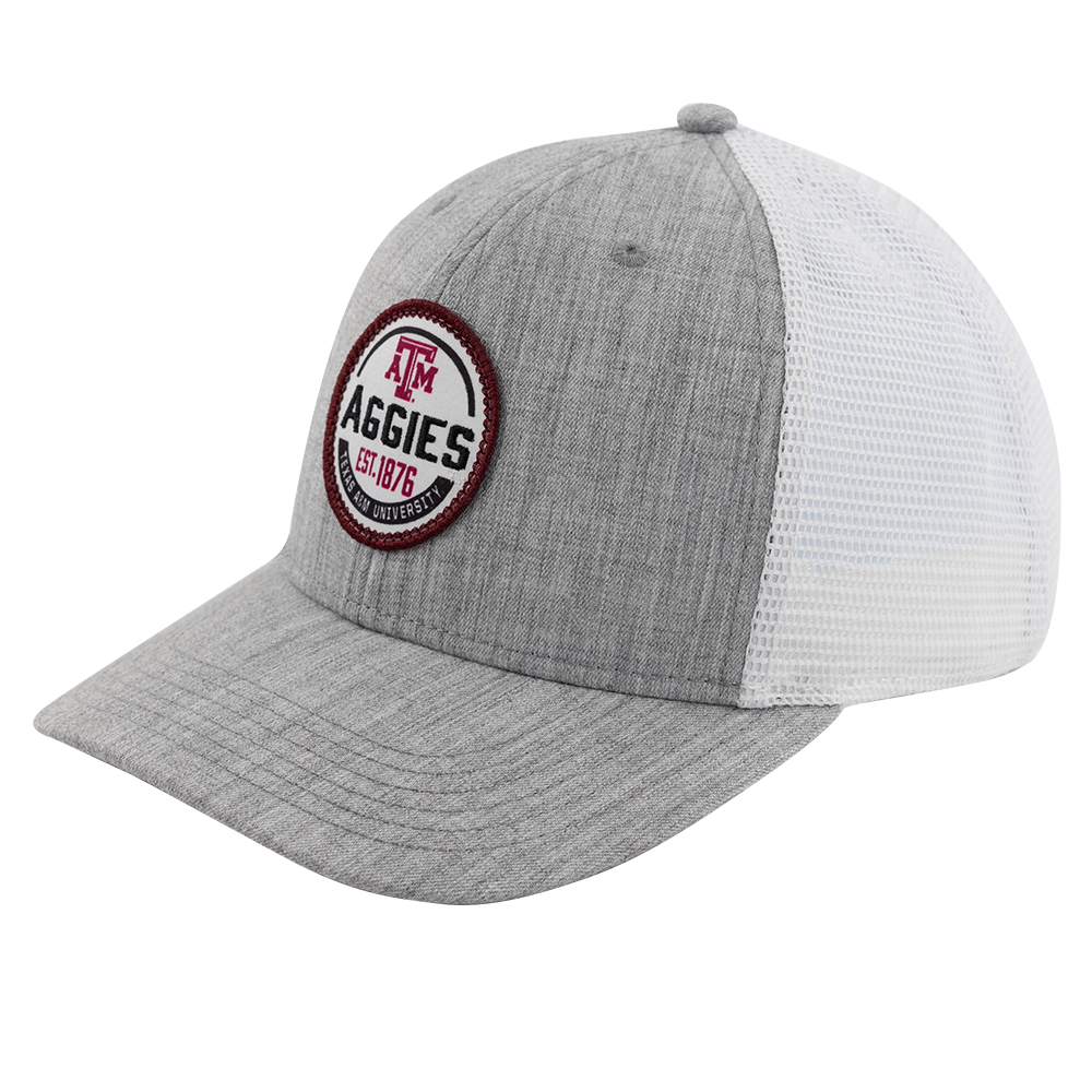 Gray hat with patch that reads "Texas A&M University Aggies"