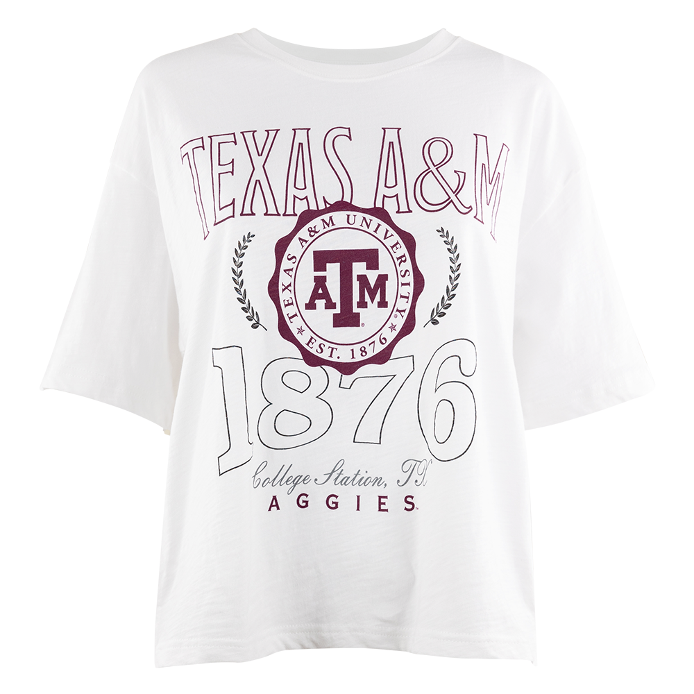 White tee with "Texas A&M Aggies" outlined in maroon with seal of Texas A&M University