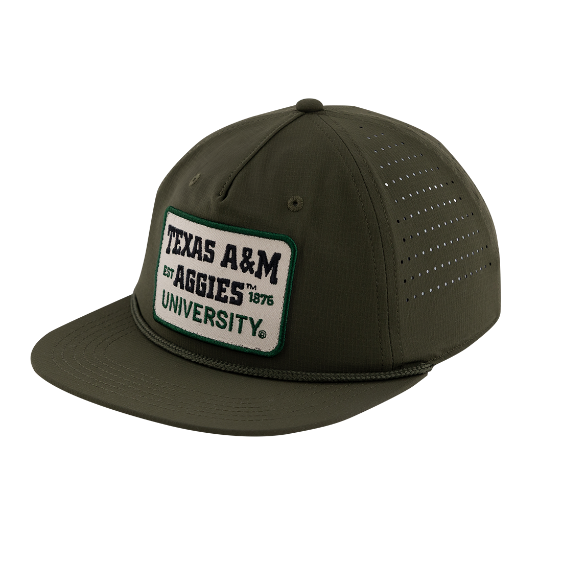 Olive hat with cream patch that reads Texas A&M Aggies University in black and Green