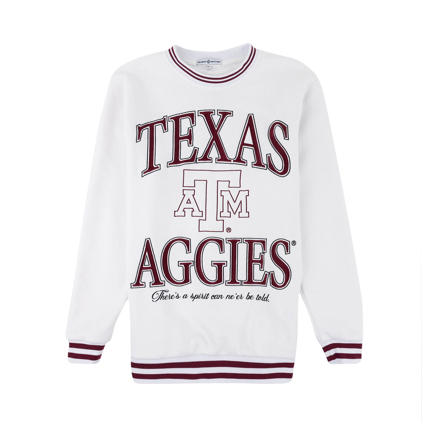 White sweatshirt with 'Texas A&M Aggies' text in maroon and white.