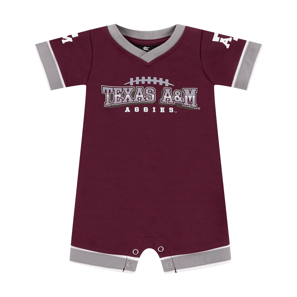 Maroon baby romper with 'Texas A&M Aggies' 