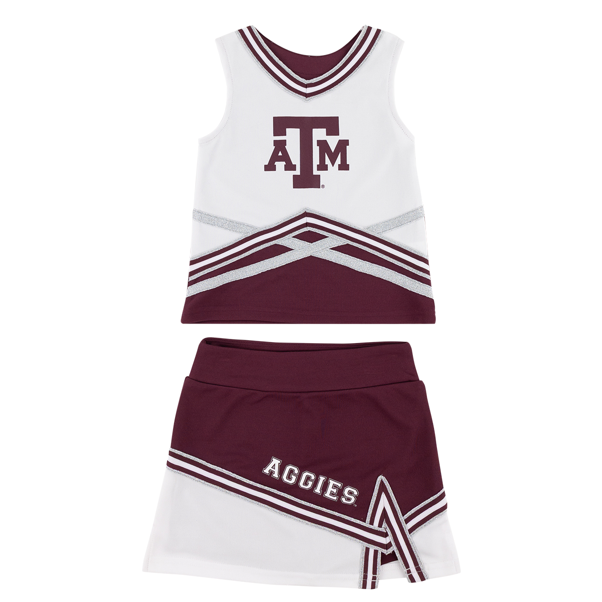 Maroon and white cheerleading outfit with 'AGGIES' on the skirt and Texas A&M logo on the top.