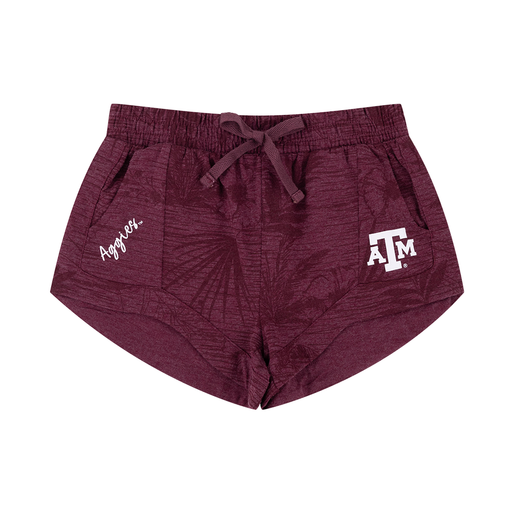 Maroon shorts with Hawaiian print and white ATM logo on the left side and "Aggies" on the right side