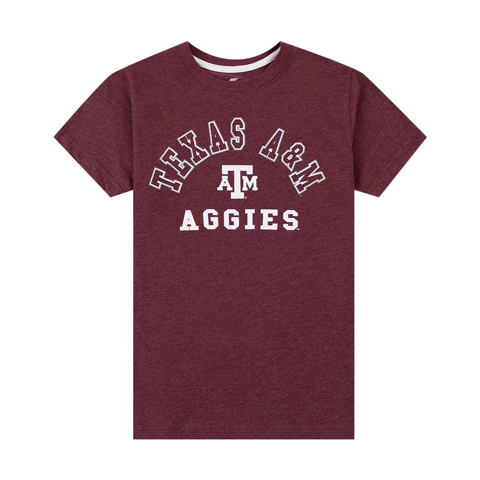 Maroon youth tee with "Texas A&M Aggies" in white