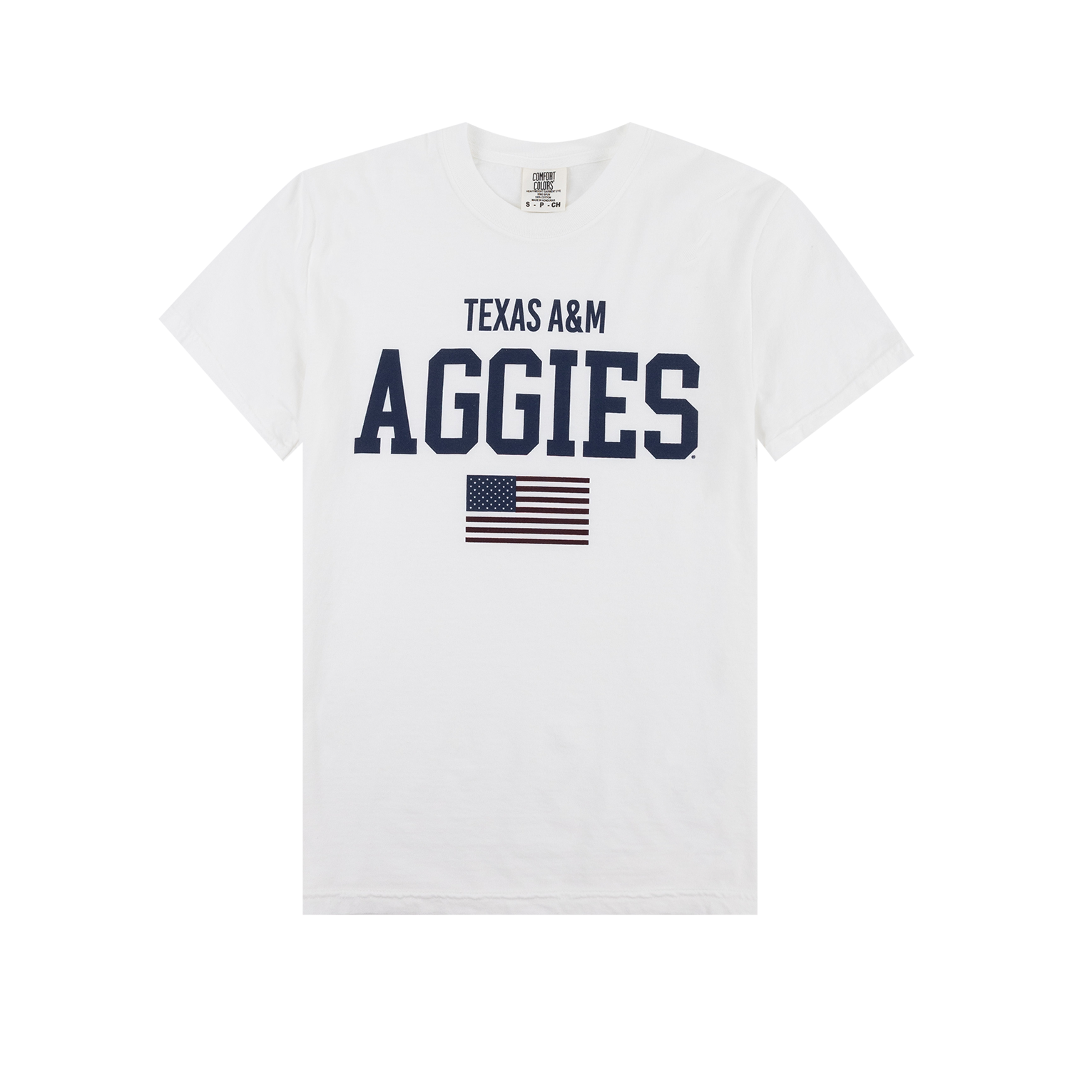 White t-shirt with 'Texas A&M Aggies' text and American flag 