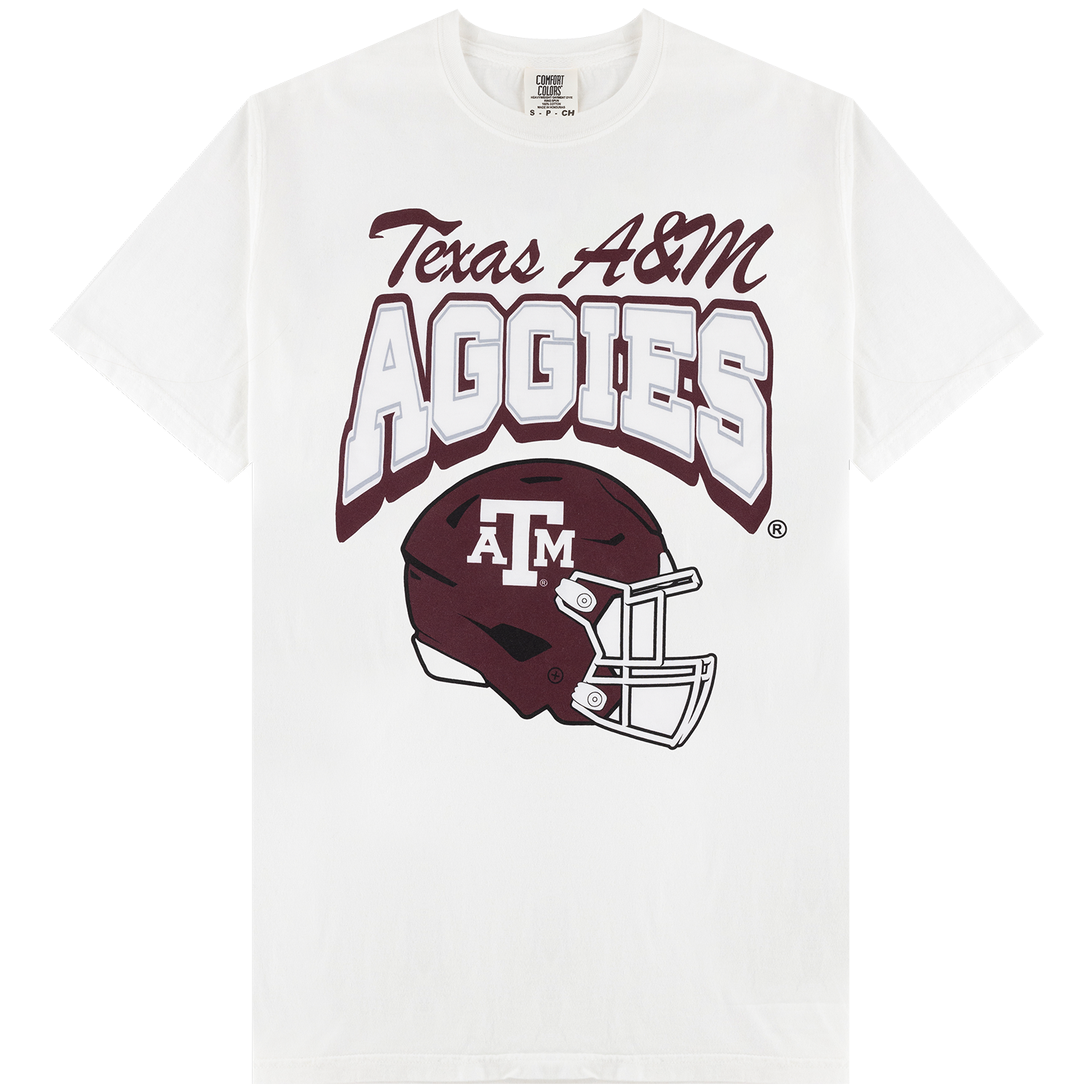 A white short-sleeve crewneck t-shirt featuring a maroon and white Texas A&M Aggies graphic on the front, including the text 'Texas A&M AGGIES' and a football helmet with the A&M logo.