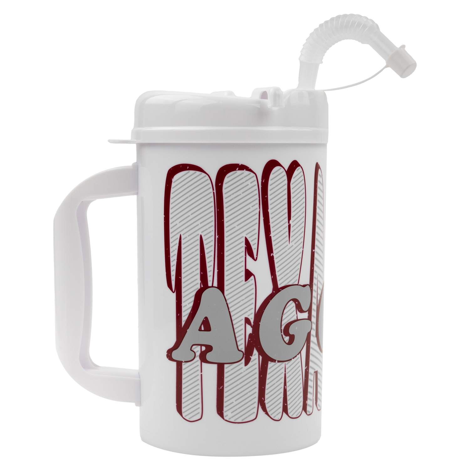 A white tumbler cup with maroon lettering.