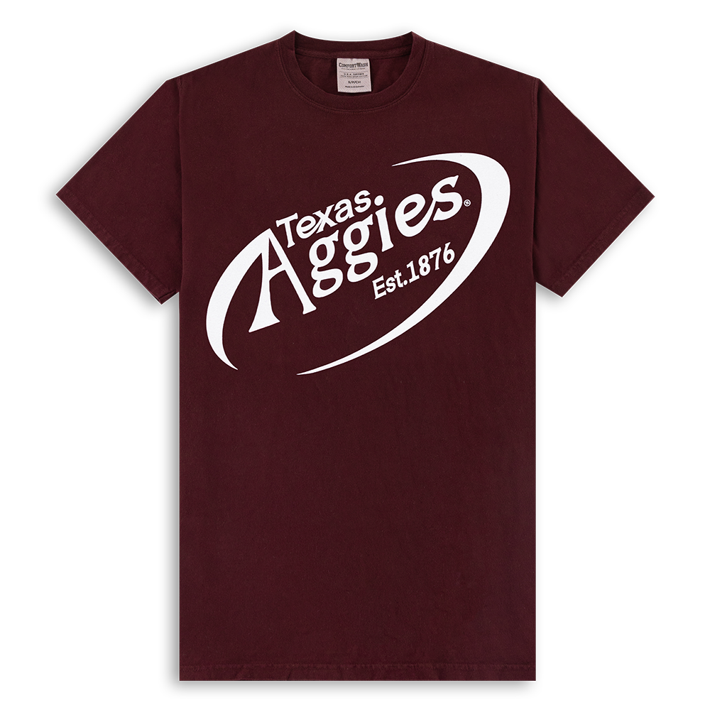 Maroon T-shirt with Texas A&M Aggies in white.