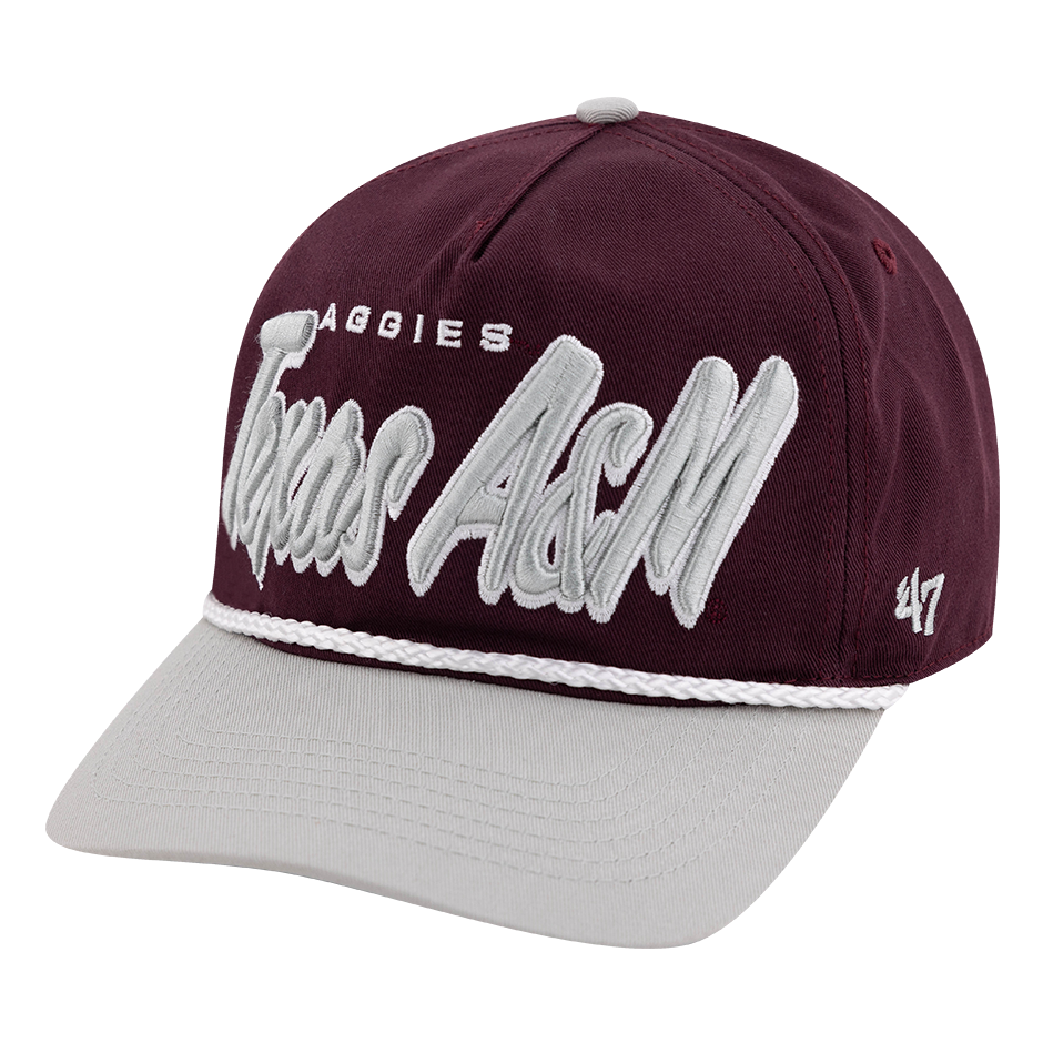 Maroon hat with gray brim and Texas A&M Aggies in gray