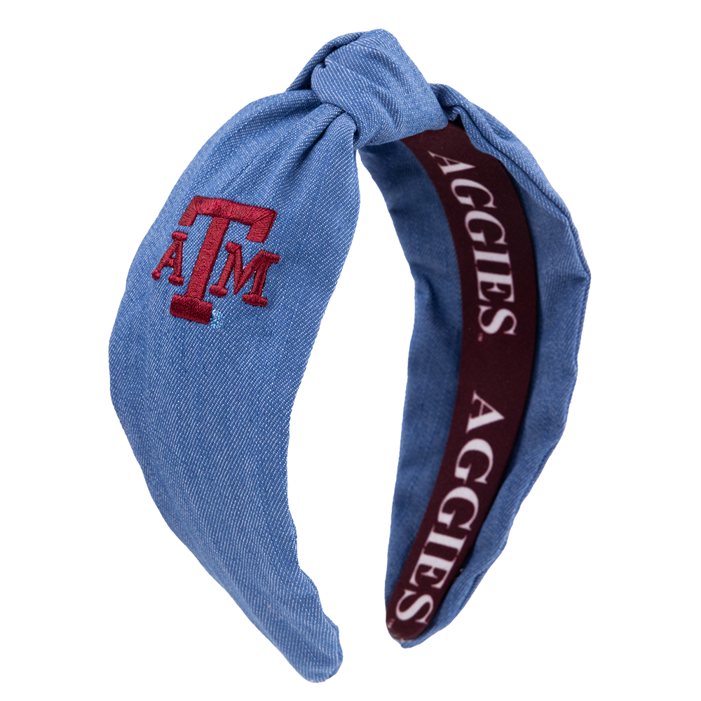 Blue denim headband with the Texas AM logo in maroon and Aggies in white under the headband.