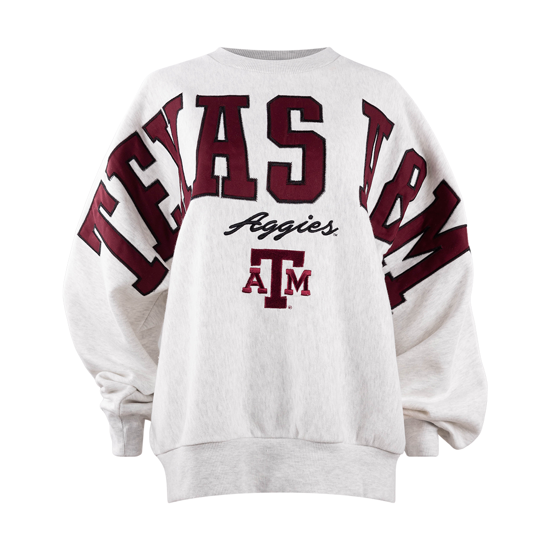 Gray sweatshirt with "TEXAS A&M" across the front and sleeves. "Aggies" in black.