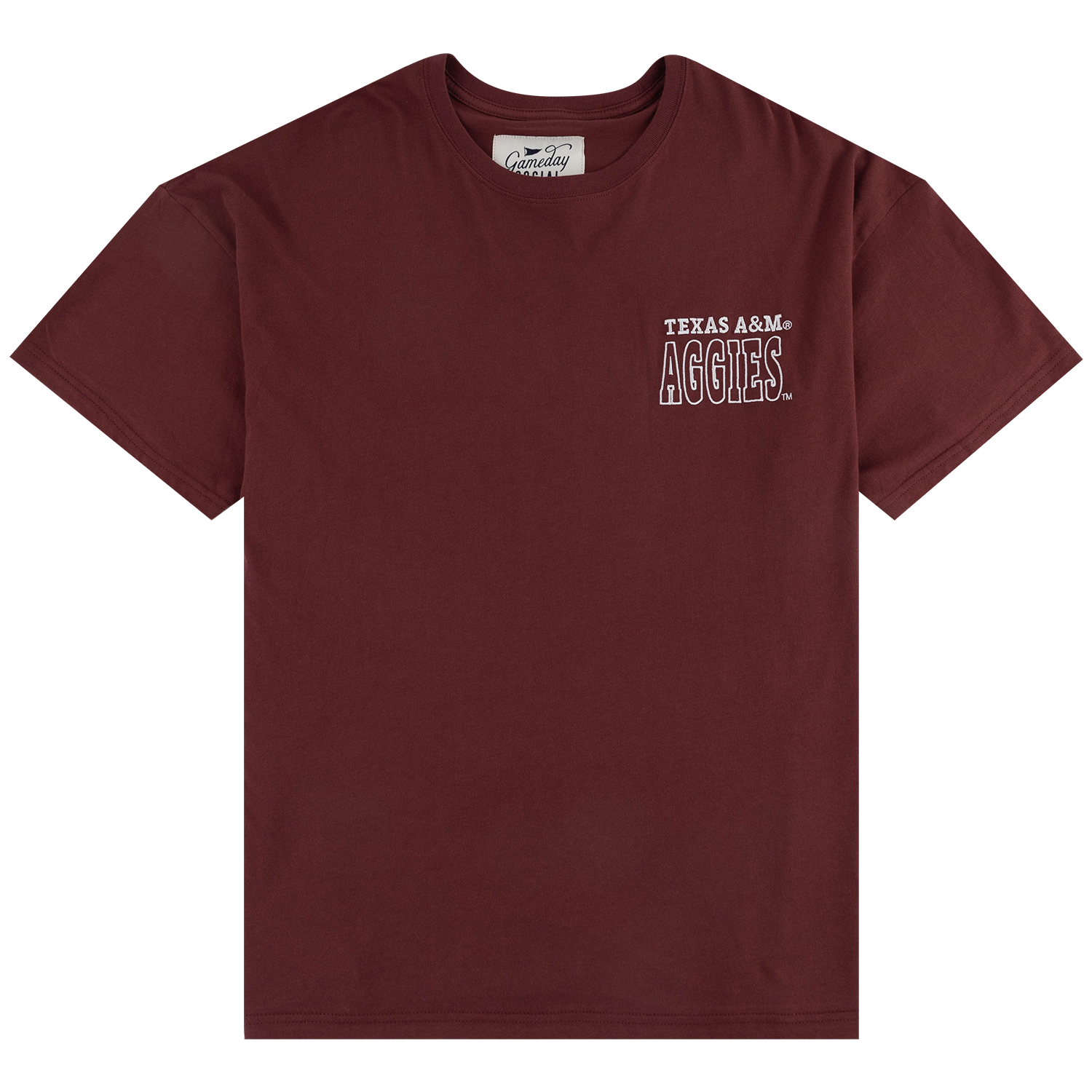 A maroon short-sleeve crewneck t-shirt with 'TEXAS A&M AGGIES' embroidered in white on the left chest, displayed flat against a white background.