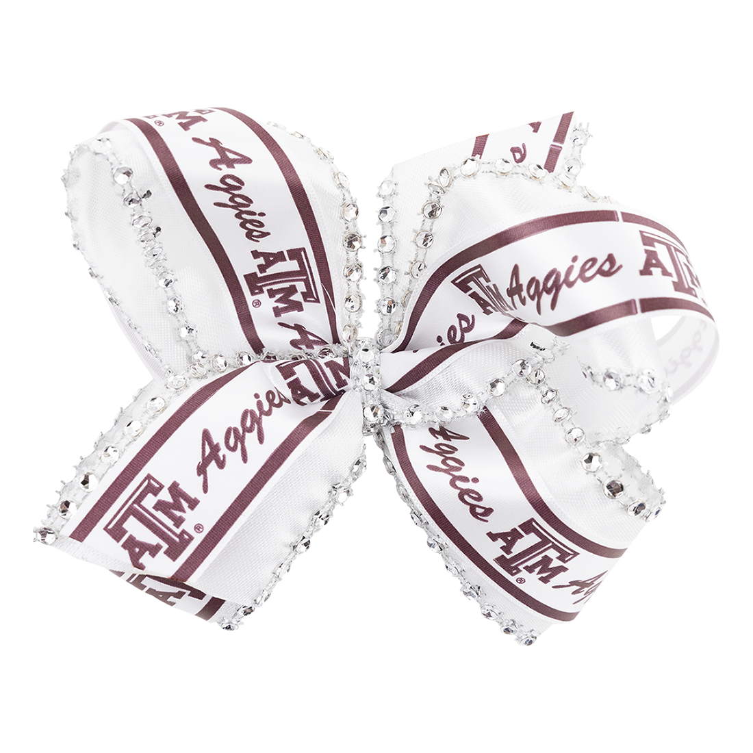 White rhinestoned hair bow with "Aggies" in maroon