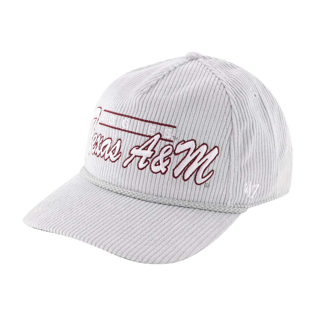 Light gray corduroy cap with "Texas A&M Aggies" in white and maroon.