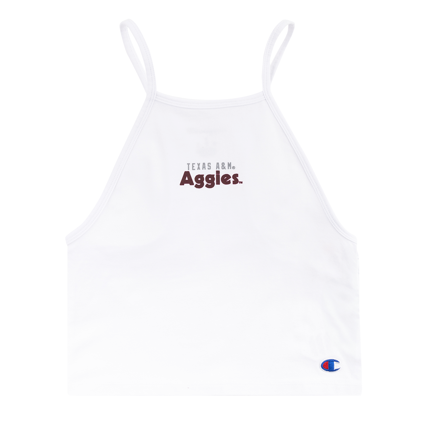 White halter crop tank with "Texas A&M Aggies" in gray and maroon