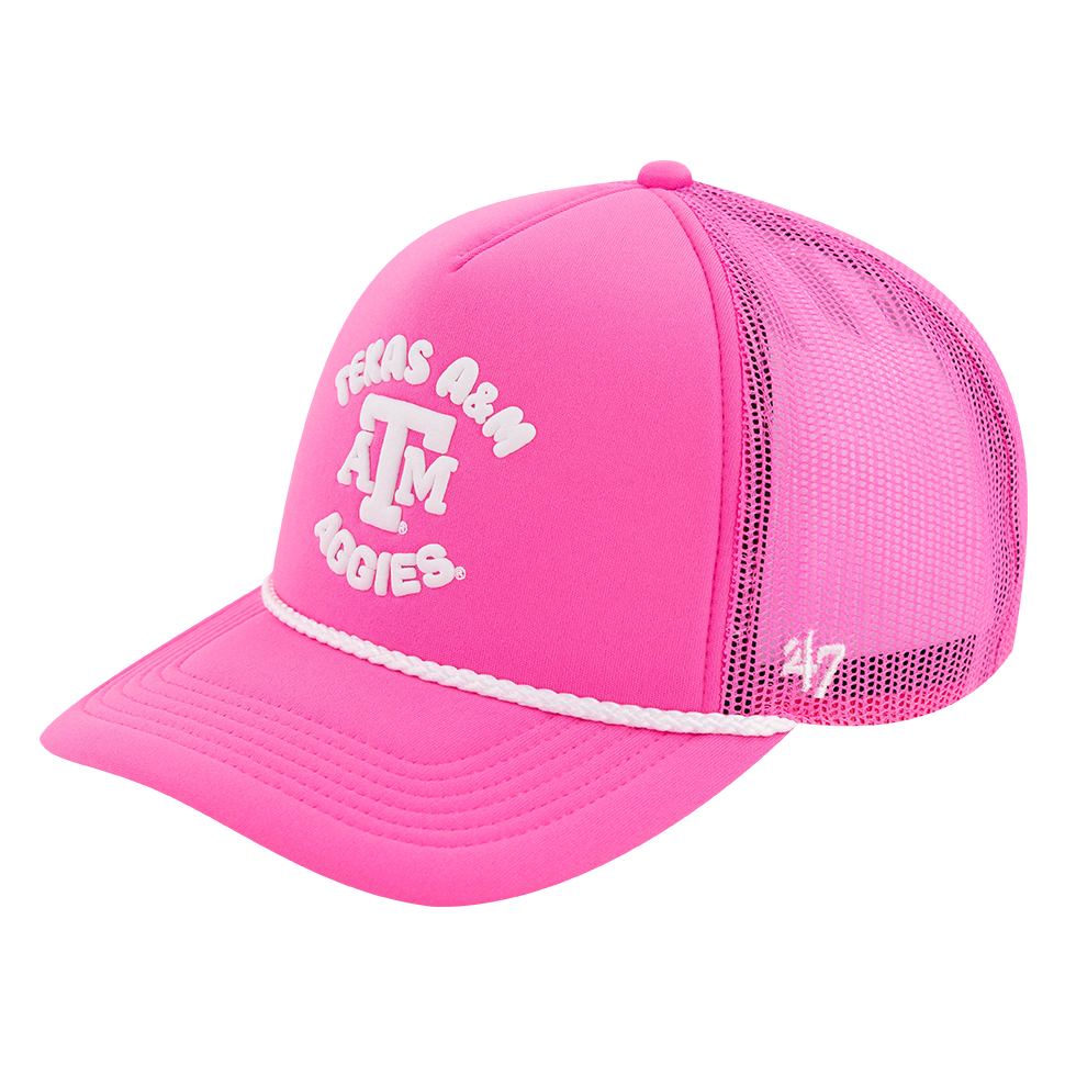 Hot pink hat with "TEXAS A&M AGGIES" in white puff letters