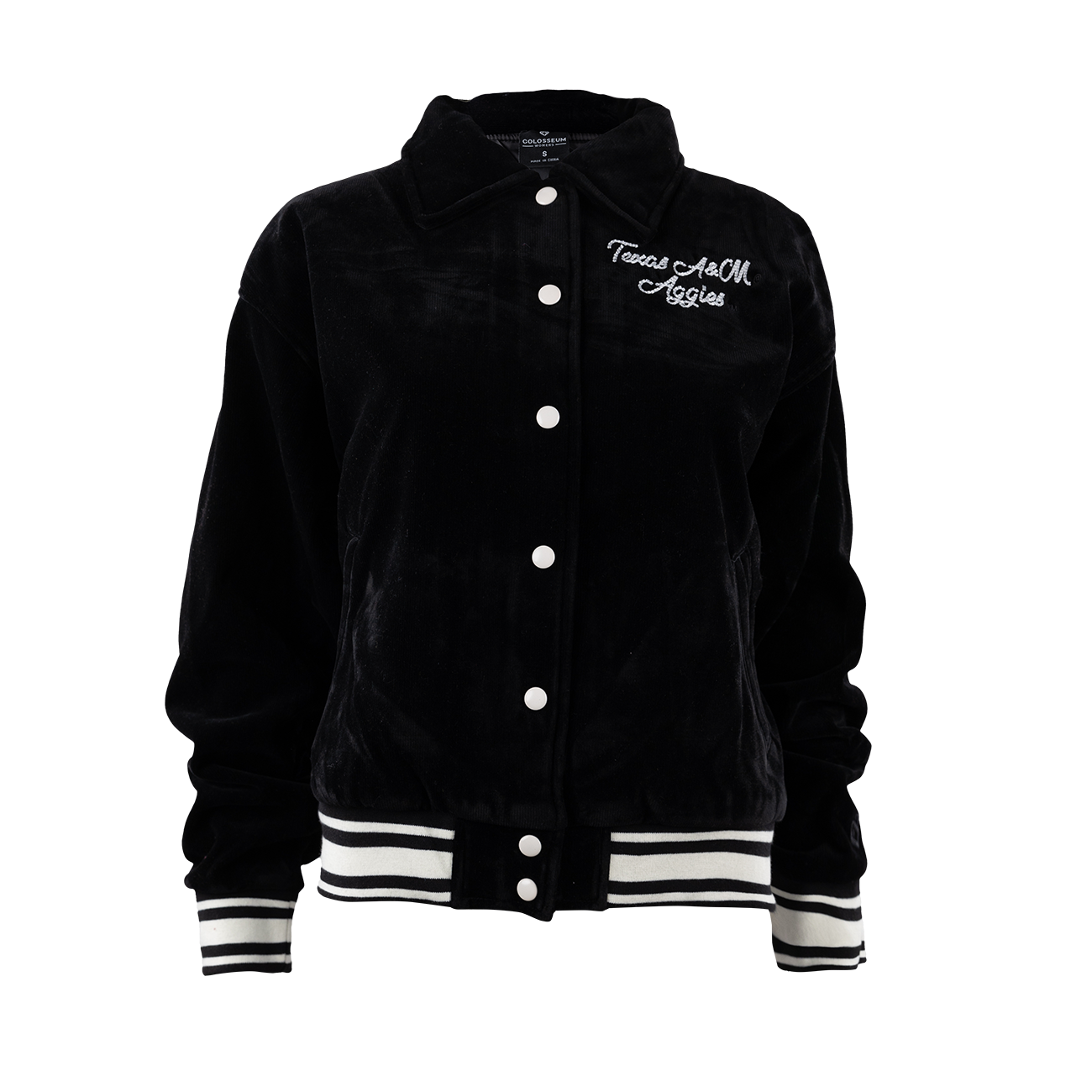 Black corduroy jacket with "Texas A&M Aggies" in white and the back has a white ATM logo