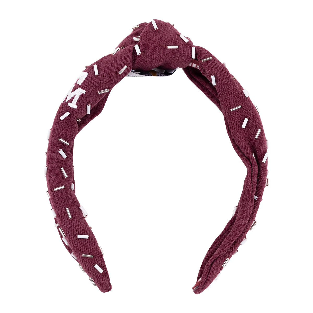Maroon knot headband with white confetti beads and white ATM logo