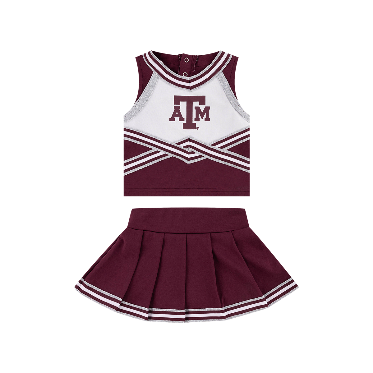 Maroon and white cheerleading outfit with 'ATM' logo 