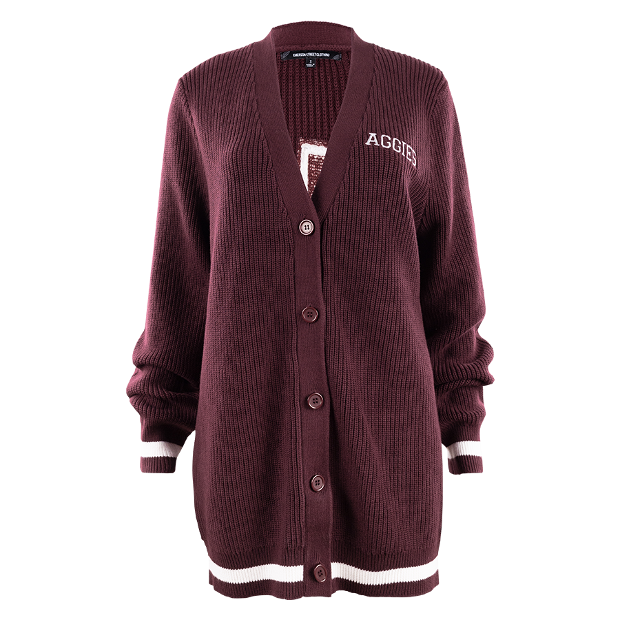 Maroon button down cardigan with "AGGIES" in white on the left and a white Lonestar ATM logo