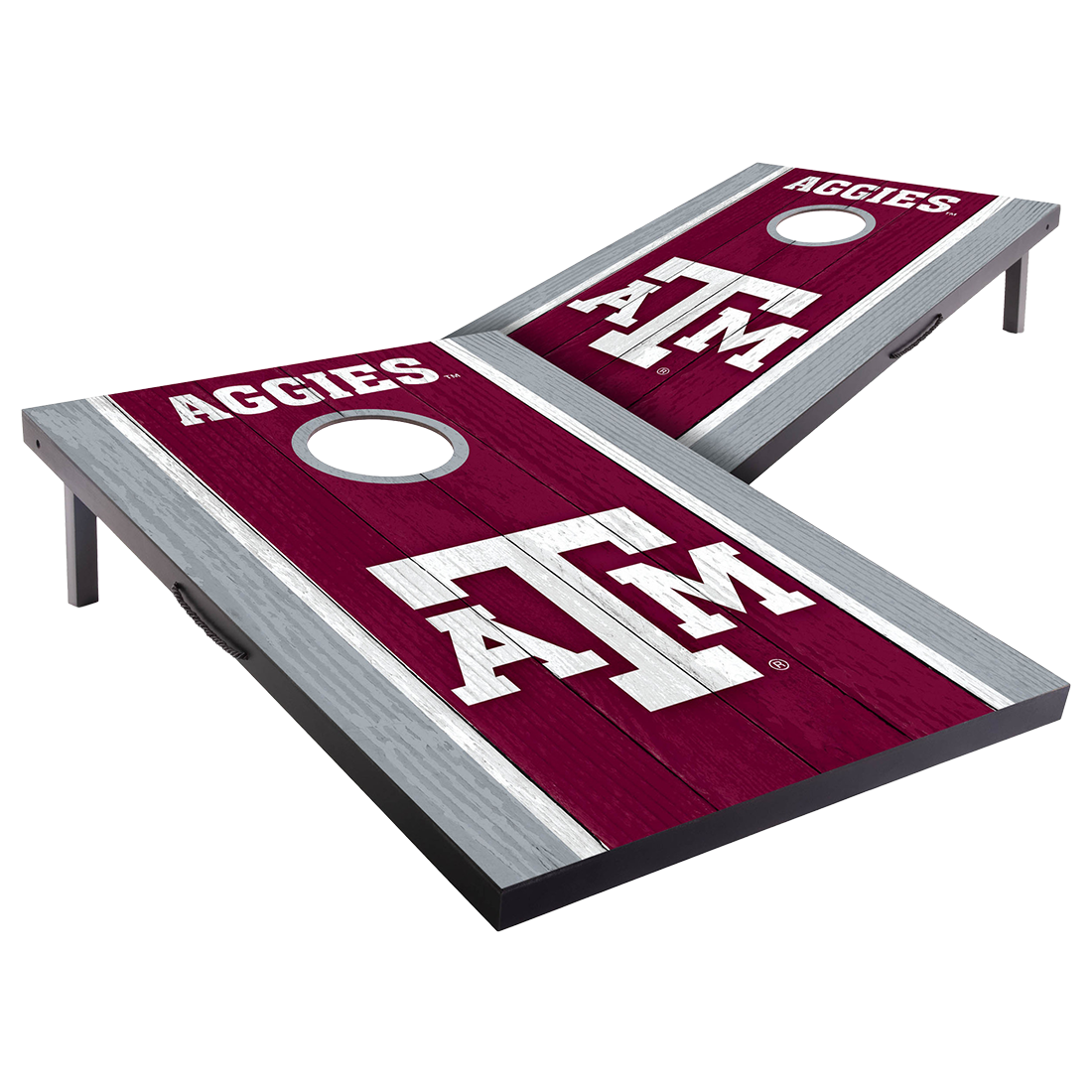 Cornhole set with the Texas A&M logo in white on maroon background.