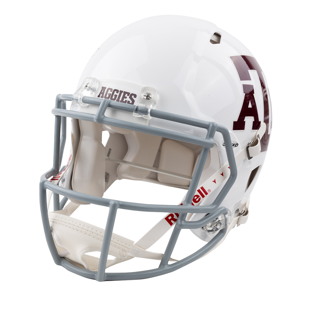 White football helmet with maroon ATM  logo and autograph from quarterback Marcel Reed