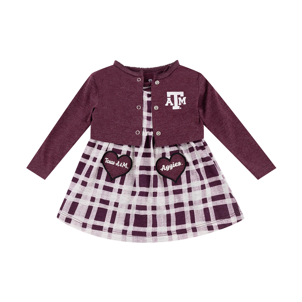 Children's outfit with maroon cardigan and plaid dress that has little maroon hearts on it.