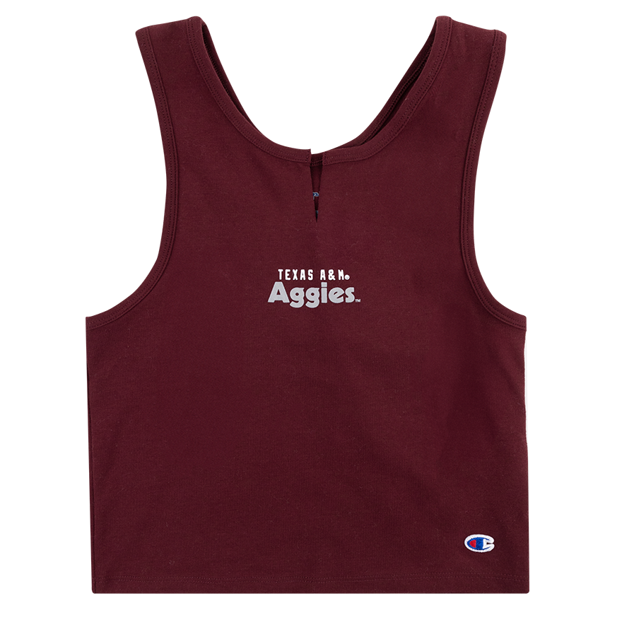 Maroon crop tank with slit at the neckline. "Texas A&M Aggies" in white and gray