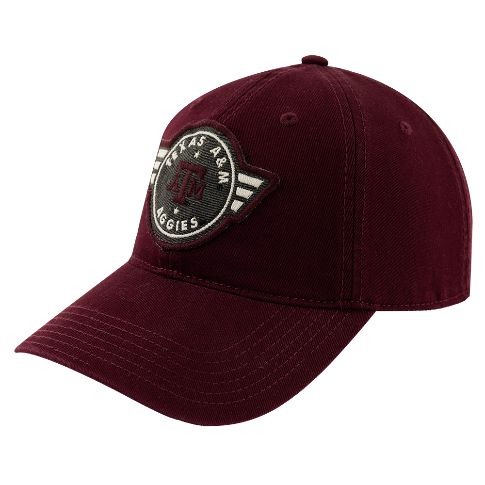 Maroon hat with patch that reads "Texas A&M Aggies"
