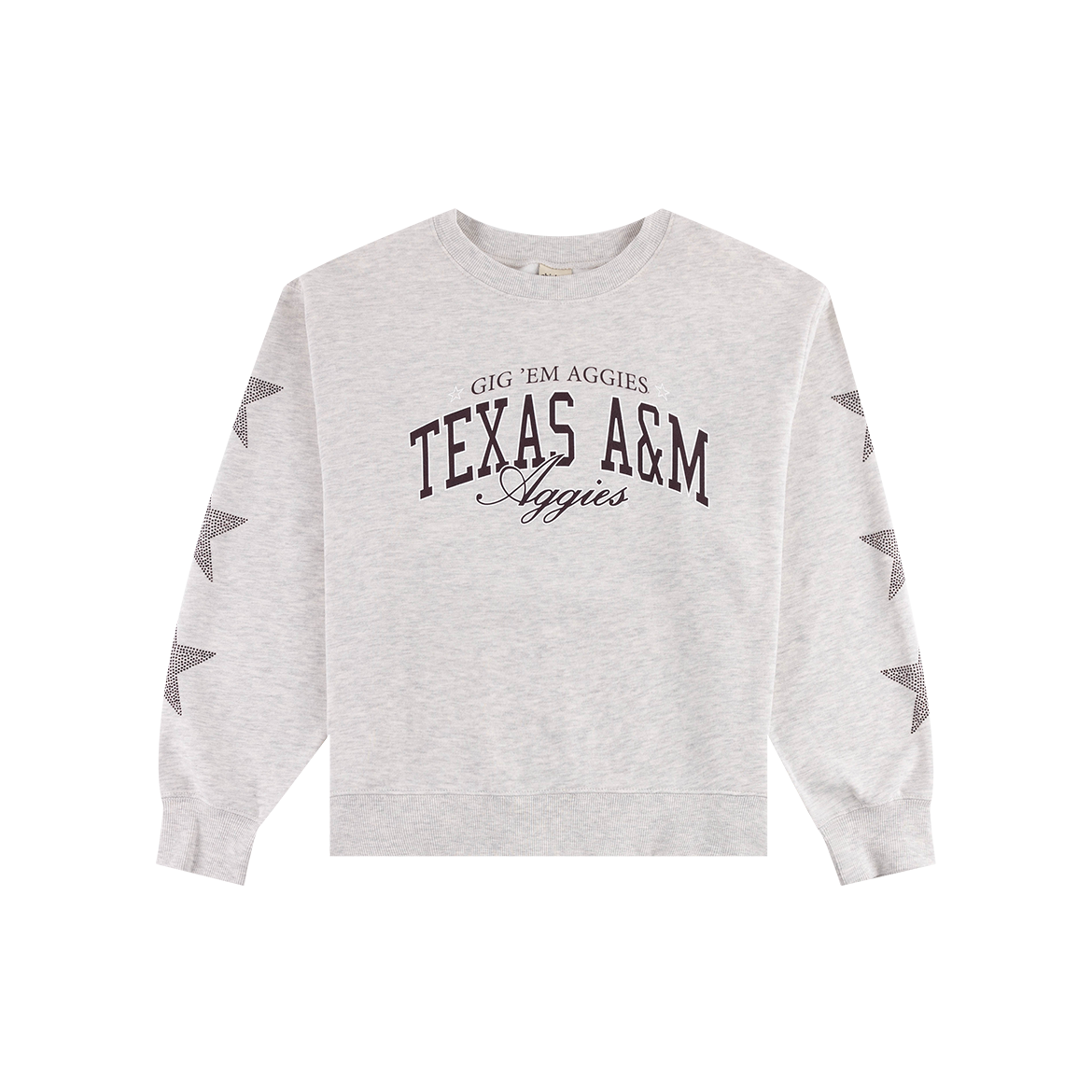 Ash gray crewneck with "Gig 'Em Aggies Texas A&M Aggies" in maroon