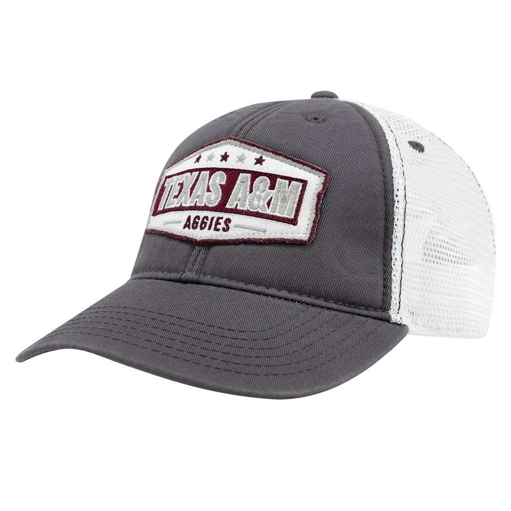 Gray cap with a patch on the front with "Texas A&M Aggies" on it.