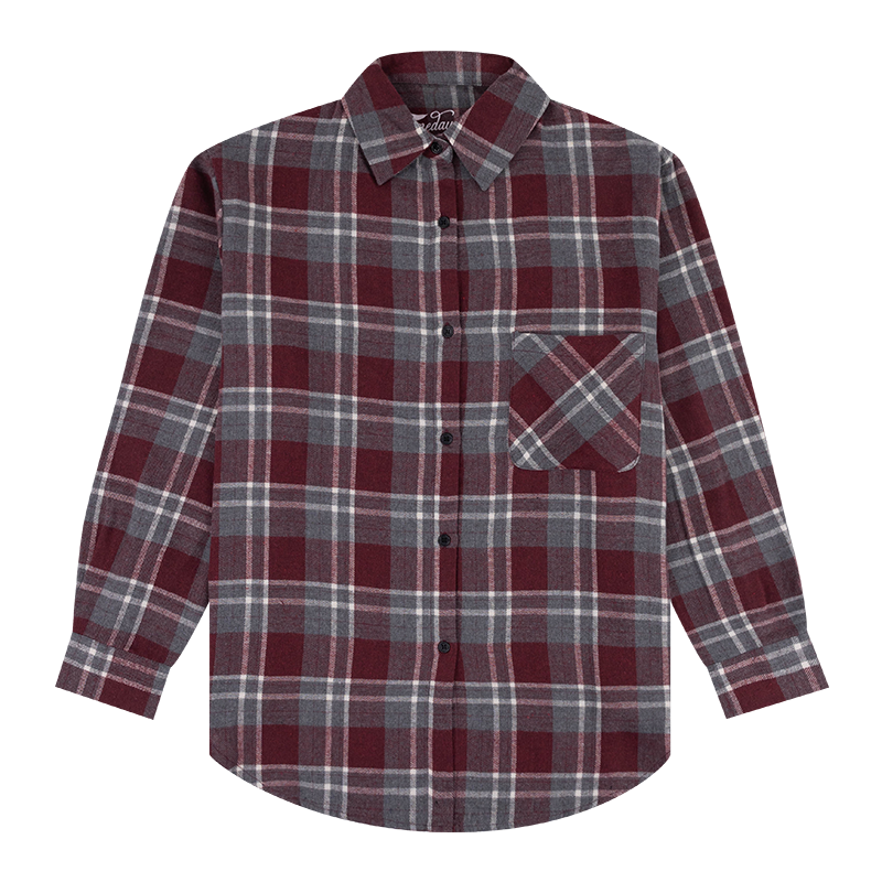 Plaid shirt with maroon and white patterns.