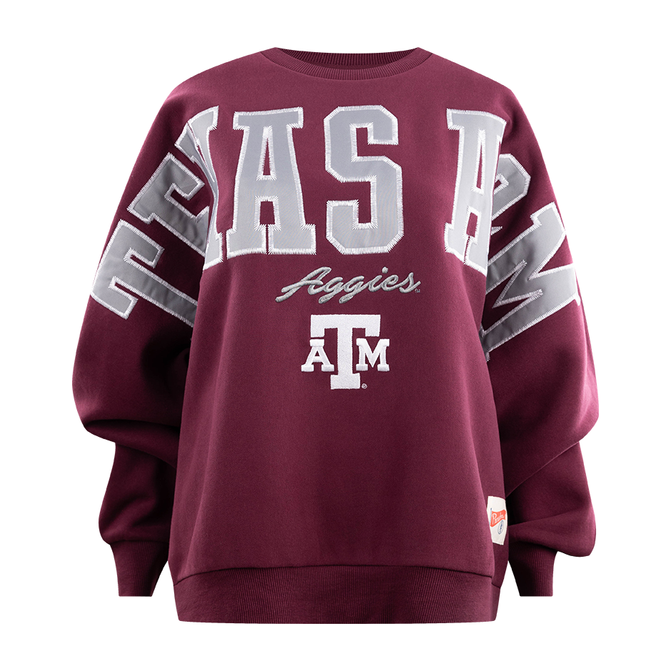 Maroon sweatshirt with 'Texas A&M' text and logo in white/gray
