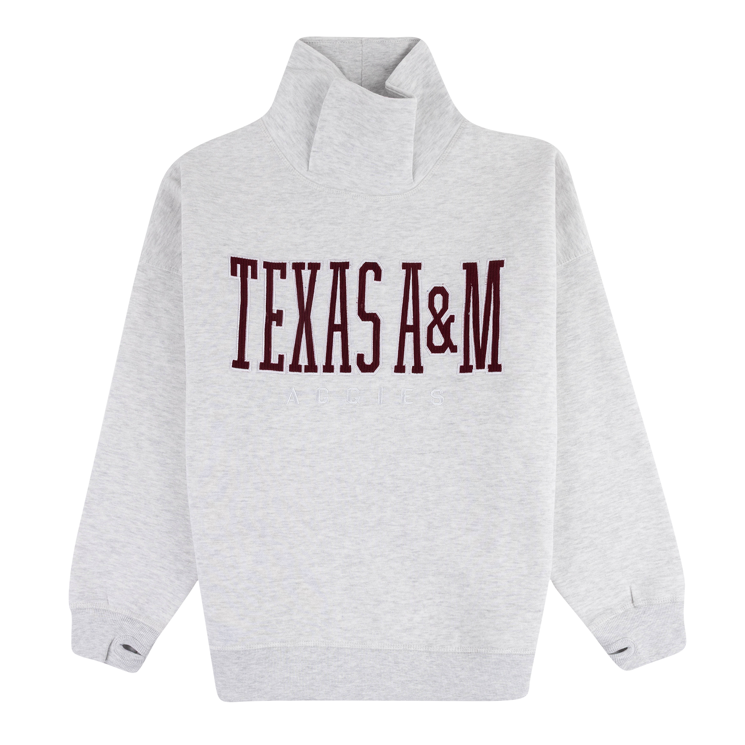 A light heather gray mock neck sweatshirt featuring 'TEXAS A&M' printed across the chest in dark maroon varsity-style block letters, shown against a plain white background.