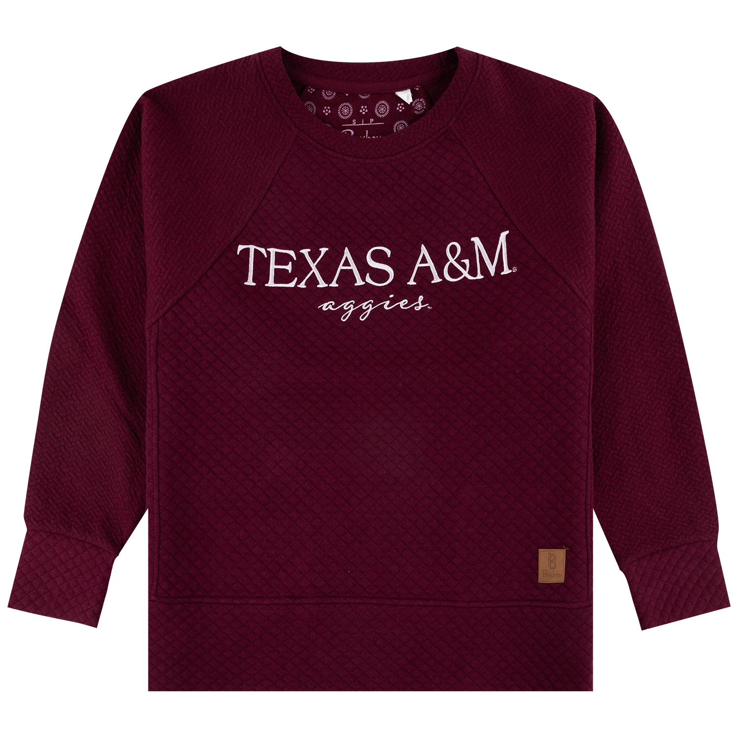 A maroon quilted crewneck sweatshirt featuring white "TEXAS A&M aggies" text printed across the chest.   