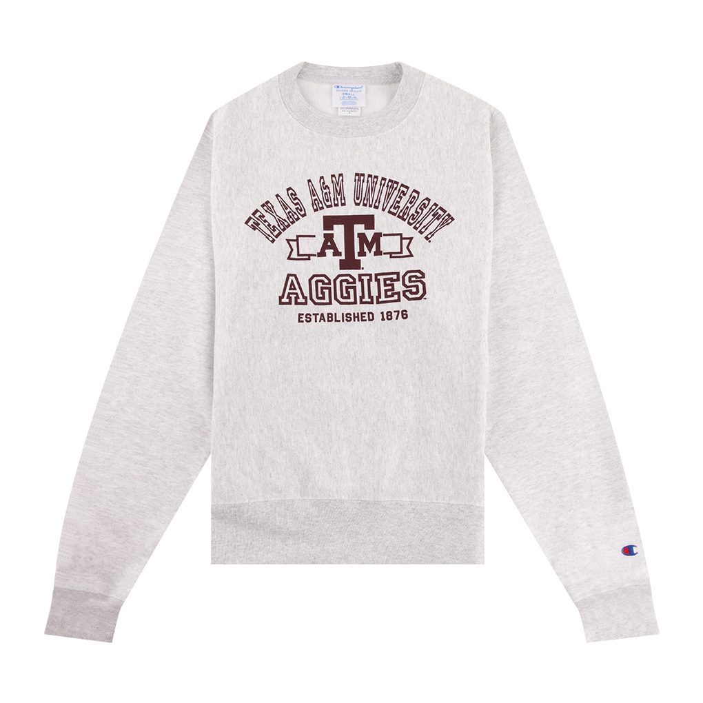 Light gray crewneck with "TEXAS A&M UNIVERSITY AGGIES" in maroon outline