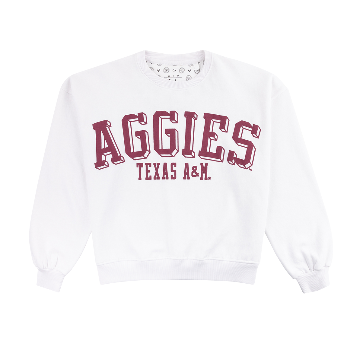 White long sleeve shirt with maroon AGGIES TEXAS A&M print