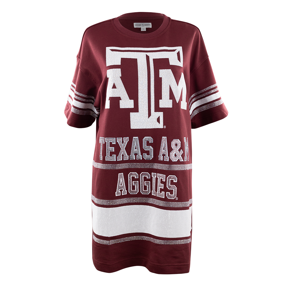 Maroon and white dress with Texas A&M logo 