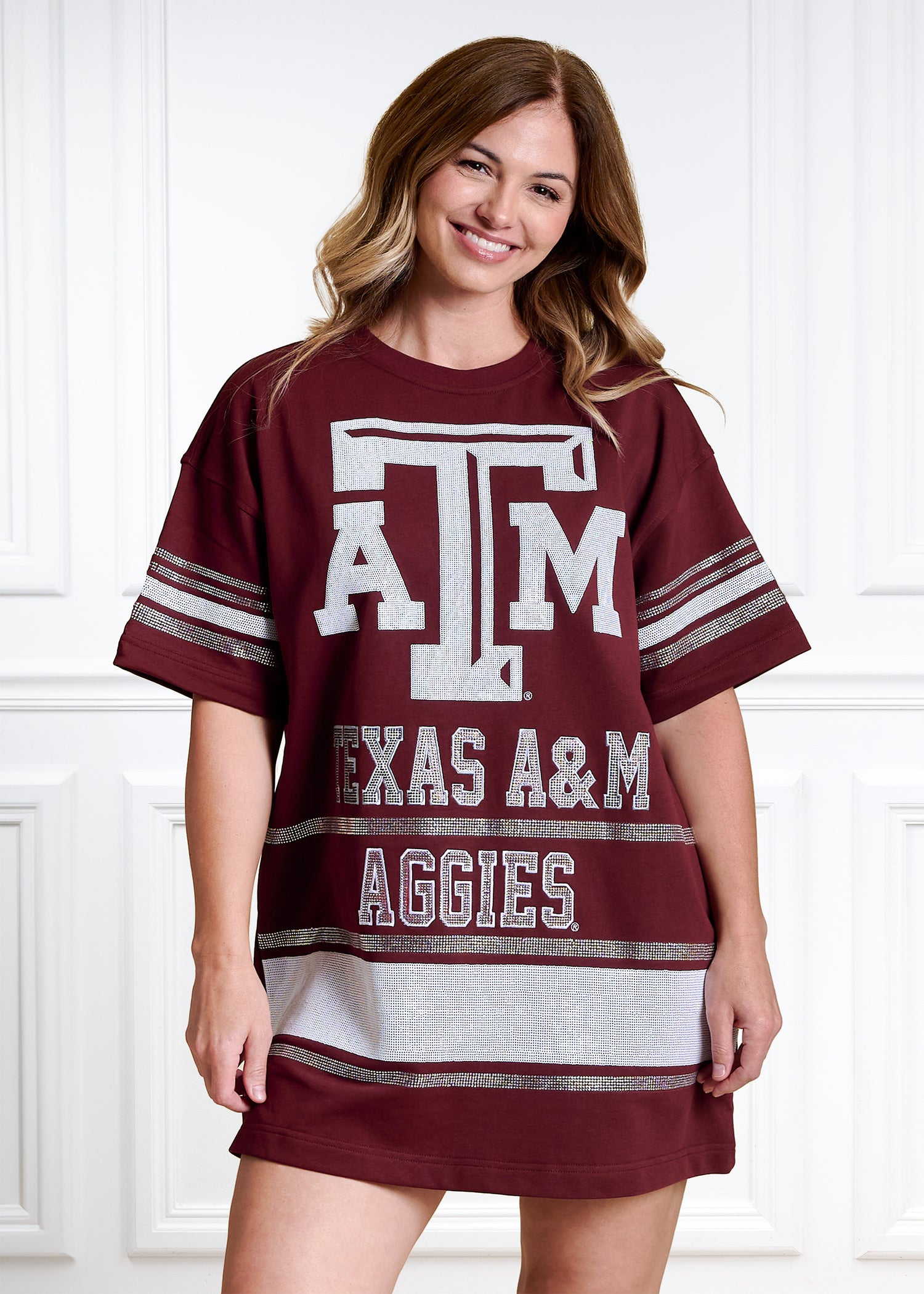 Maroon dress with "Texas A&M Aggies" in white