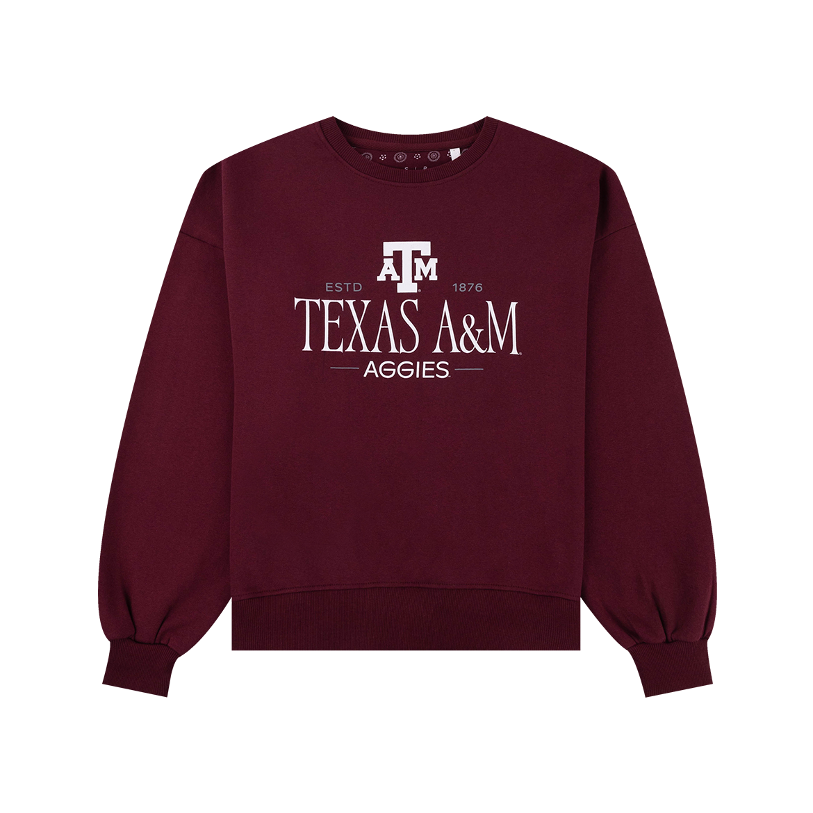 Maroon sweatshirt with "Texas A&M Aggies" in white