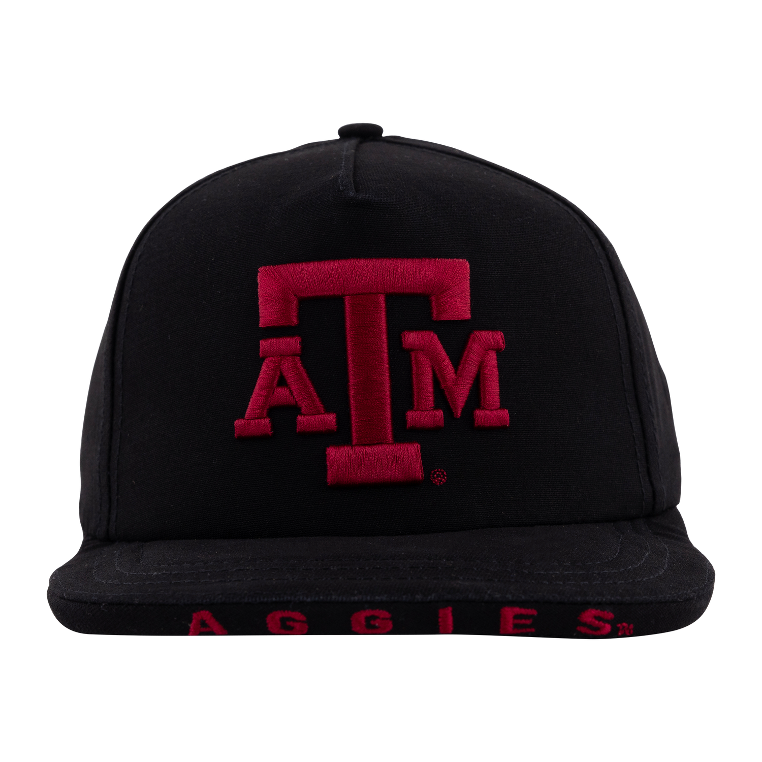 Black flatbrim hat with maroon ATM logo and "AGGIES" in maroon at the edge of the brim.