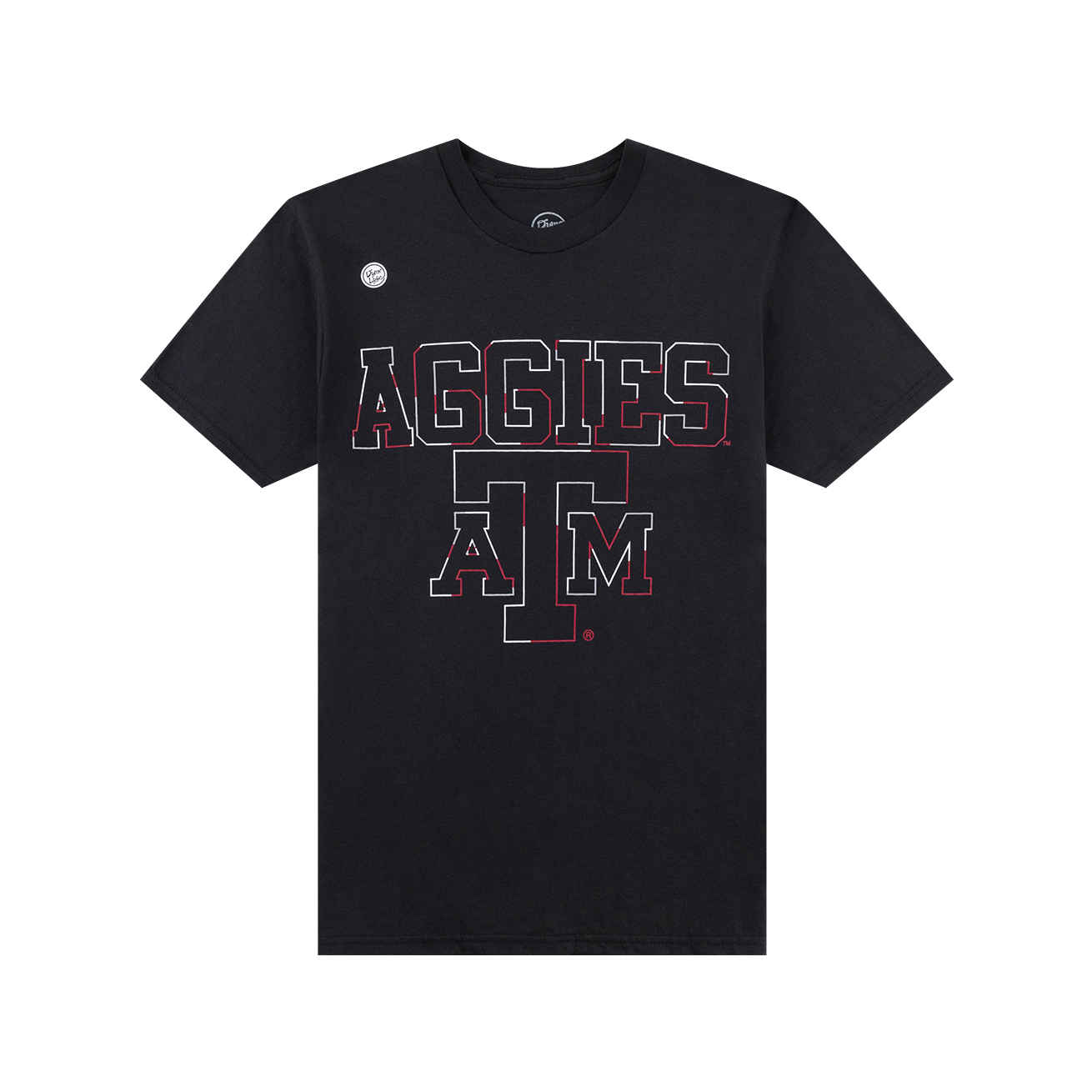 Black t-shirt with "AGGIES ATM" in outline of white, maroon, and gray.