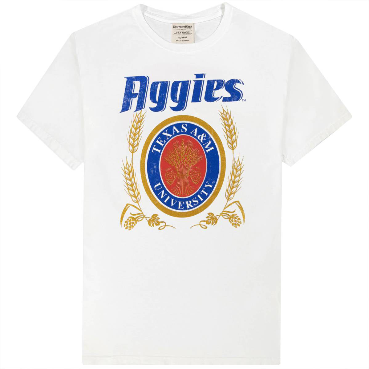 White short-sleeved t-shirt with 'Aggies' text and Texas A&M University logo in blue, gold. 