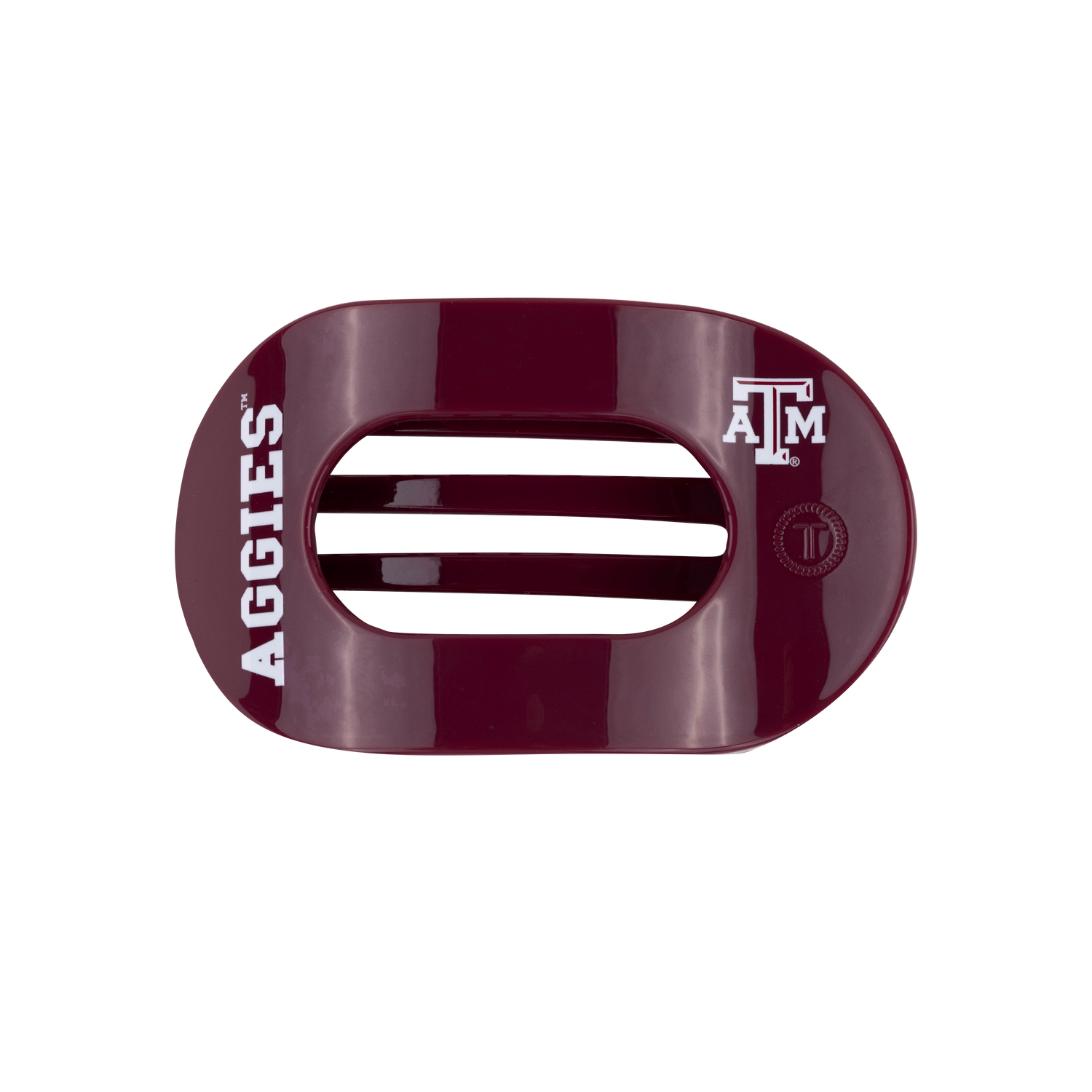 Large maroon Texas A&M flat hair clip featuring a white Texas A&M logo, bold vertical “Aggies” lettering, and a decorative circular emblem.