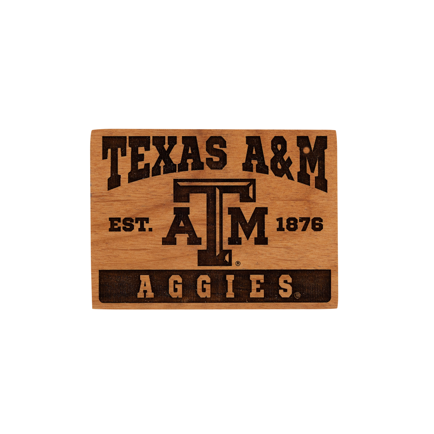 Wooden sign with Texas A&M Aggies logo and text