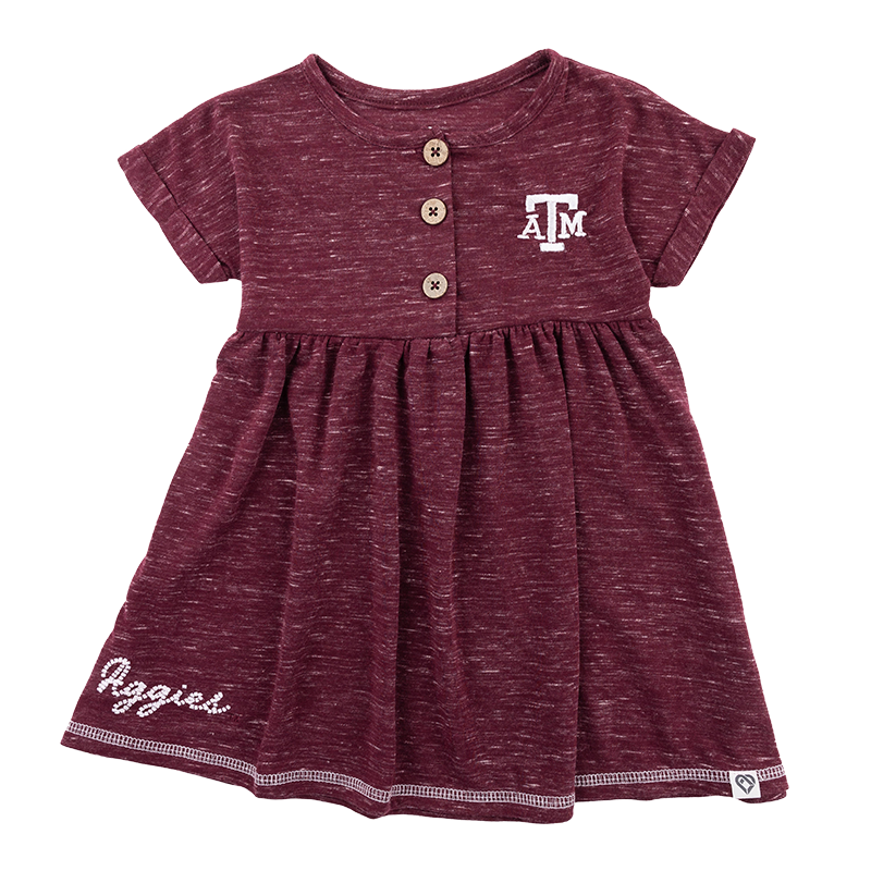 Maroon, heathered dress with white ATM logo on the left side of the chest. "Aggies" in white at the bottom.