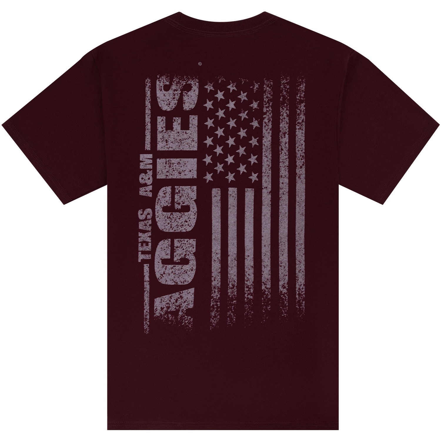 A dark maroon short-sleeve t-shirt with a distressed tonal graphic on the front featuring the text 'TEXAS A&M AGGIES' and an American flag design.