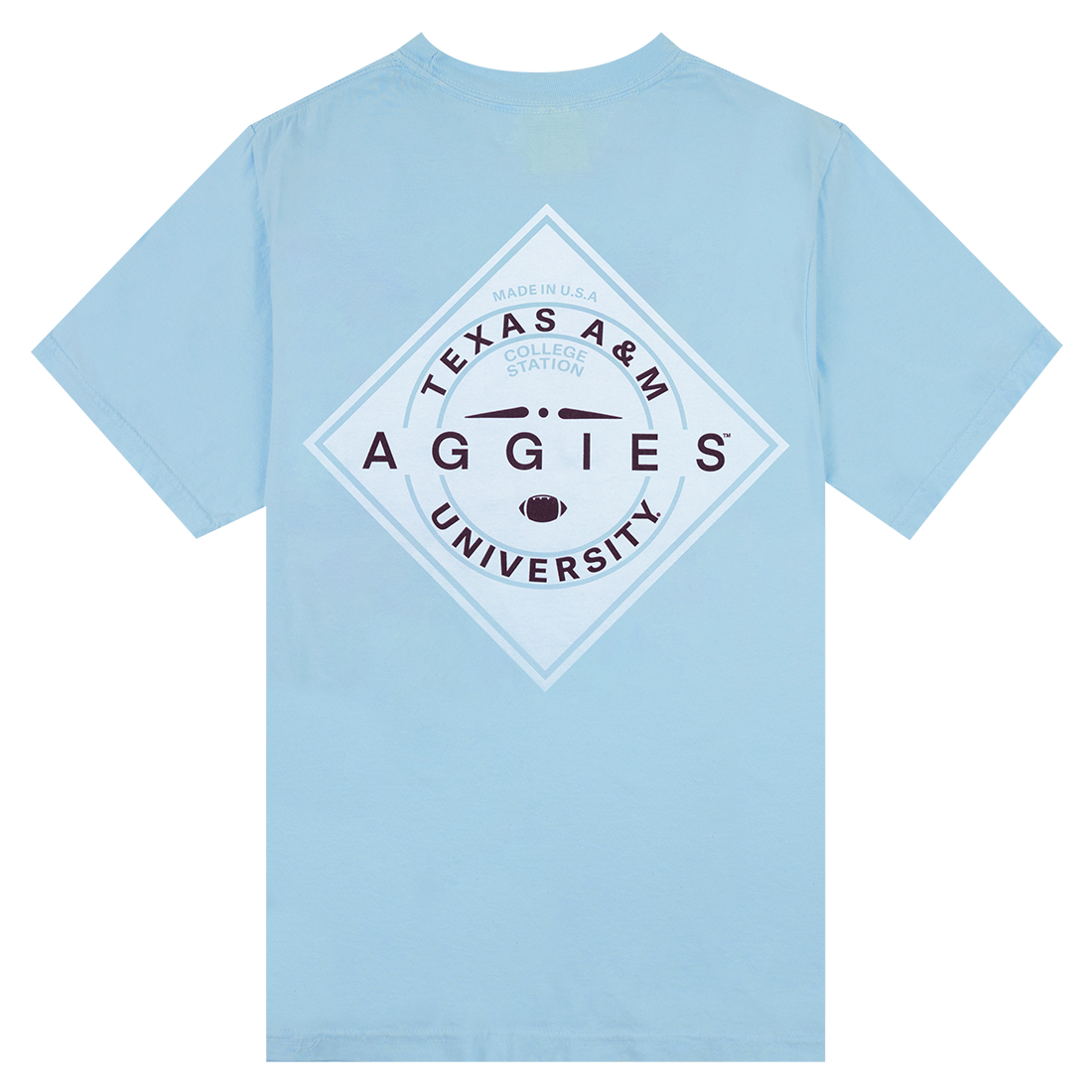 Light blue back of t-shirt with Texas A&M Aggies University in maroon with a football