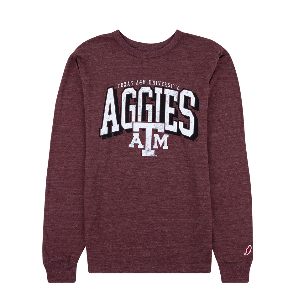 Maroon long-sleeve shirt with 'AGGIES' and 'Texas A&M University' 
