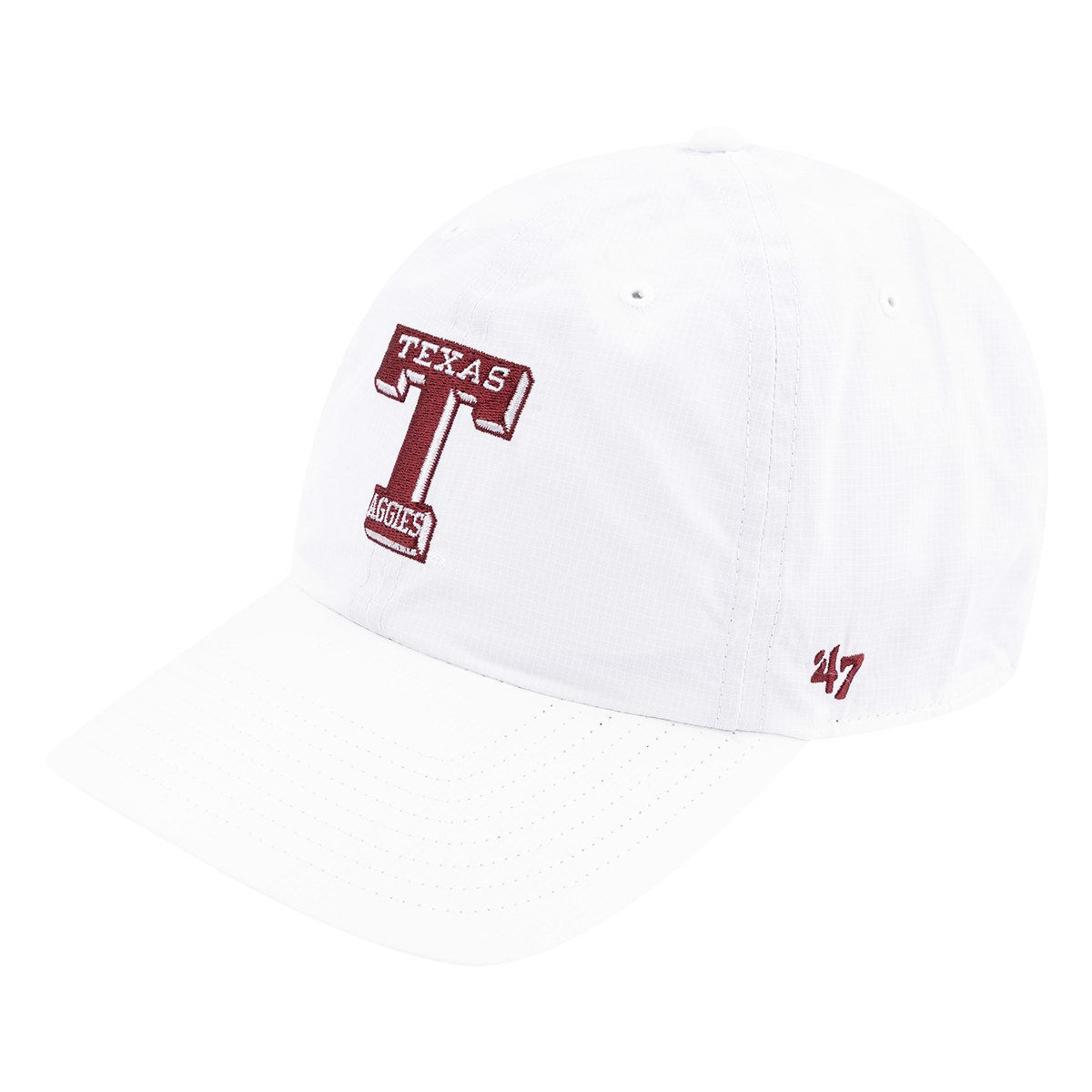 White cap with block T on the middle in maroon. In the T there is Texas in white and Aggies in white lettering as well.
